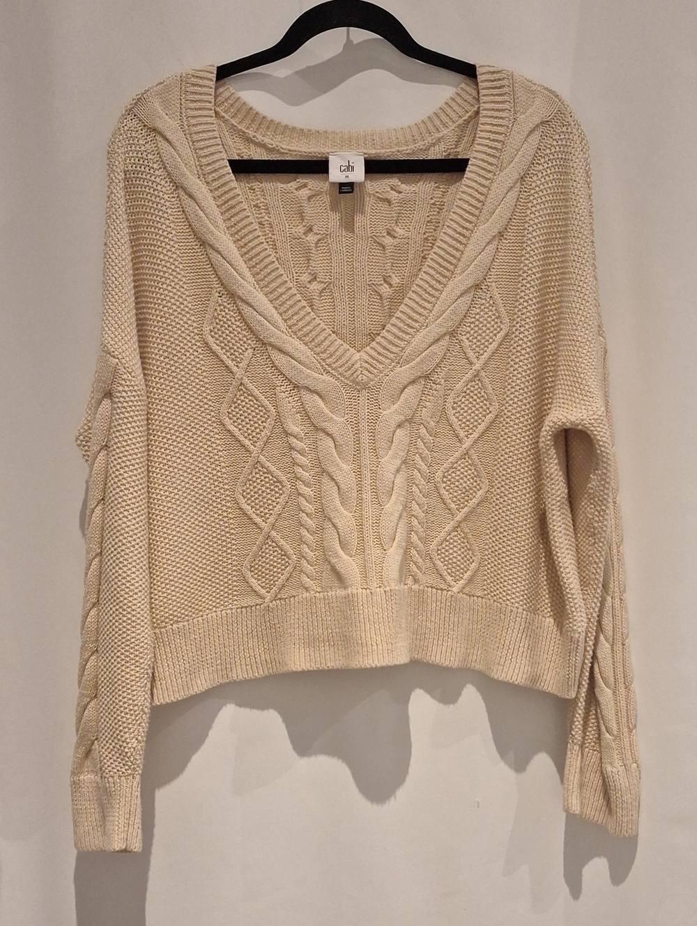 CAbi Cream Cable Knit V-Neck Cropped Sweater